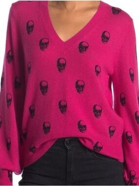Skull Cashmere Hot Pink V-Neck Skull-Print Sweater | size M
